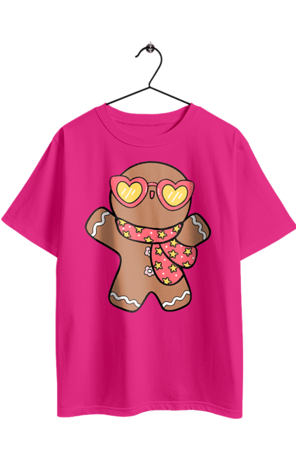 Oversized t-shirt with prints Gingerbread with glasses. Christmas, christmas decor, christmas print, cookie, festive mood, gingerbread cookies, new year, sweets, winter holidays. 2070702
