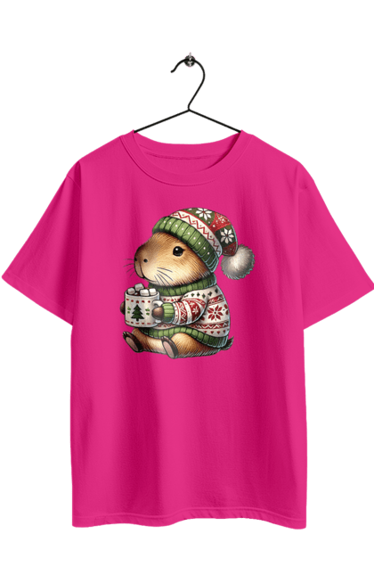 Футболка оверсайз з принтом "Капібара з гарячим шоколадом". Гарячий шоколад, капібара, новий рік, подарунок, різдво, різдвяна капібара, санта, свято, тварина. 2070702