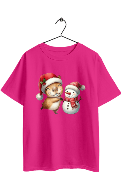 Футболка оверсайз з принтом "Капібара та сніговик". Капібара, новий рік, новорічний подарунок, подарунок, різдво, різдвяна капібара, санта, свято, сніговик, тварина. 2070702