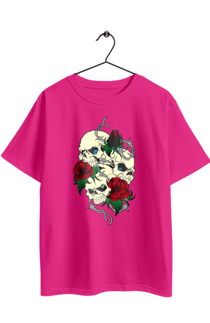 Футболка оверсайз з принтом "Черепа з трояндами". Зуби, квіти, кістки, листя, очі, троянда, троянди, череп, шипи. 2070702