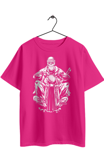 Футболка оверсайз з принтом "Череп на мотоциклі". Байкер, мотоцикл, скелет, череп. 2070702