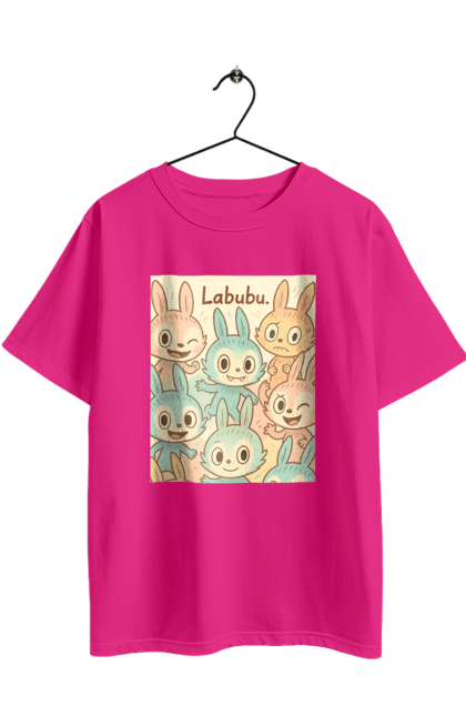 Футболка оверсайз з принтом "Лабубу". Безтурботно, грайливо, дизайнперсонажу, каваї, лабубу, милі мистецтво, ніжні відтінки, пастельніквіти, стиль мультфільму, чарівно. 2070702