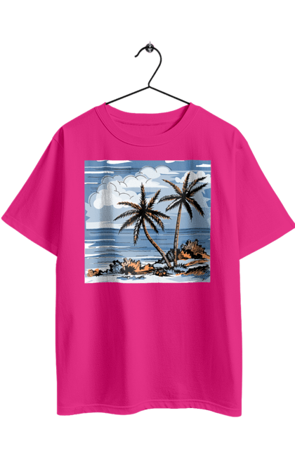 Футболка оверсайз з принтом "Пальми І Небо". Море, небо, пальми, хмари. 2070702