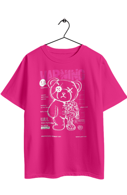 Футболка оверсайз с принтом Робот мишка. Внимание, детали, игрушка, медведь, мишка, предупреждение, робот. 2070702