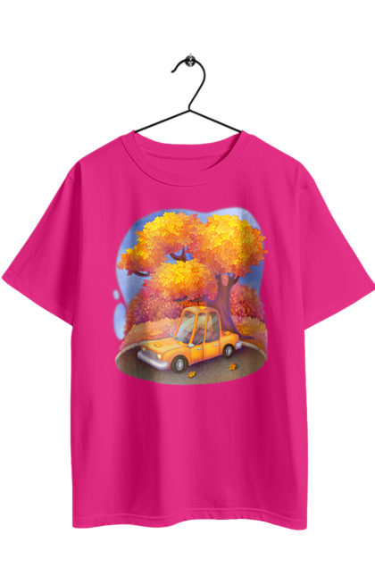 Футболка оверсайз з принтом "Осiнь Авто Дерево". Дерево, жовтий мила ілюстрація, машина, осінь, помаранчевий. 2070702
