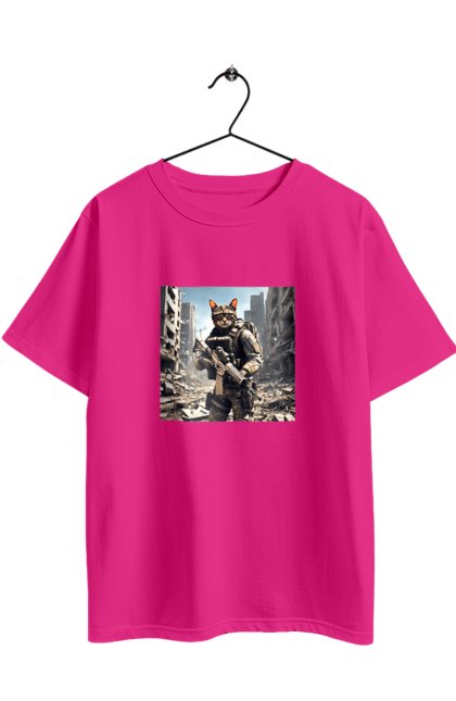 Футболка оверсайз з принтом "Кіт десантник". Бронежилет, війна, військовий, гвинтівка, захисник, камуфляж, кіт, рушниця. 2070702