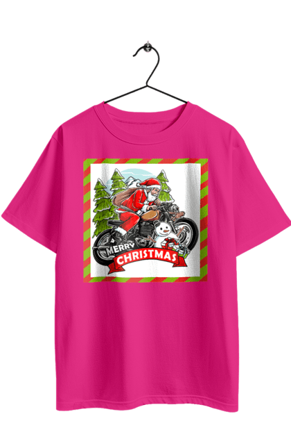 Футболка оверсайз з принтом "Санта на мотоциклі". Мотоцикл, новий рік, подарунки, різдво, санта, сніговик, ялинка. 2070702