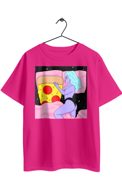 Футболка оверсайз з принтом "Фіолетова Дівчина І Піца". Дівчина, ліжко, піца. 2070702