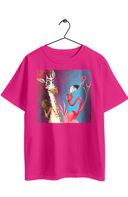 Футболка оверсайз з принтом "Жираф І Фламінго На Вечірці". Жираф, їжа, коктейль, фламінго. 2070702