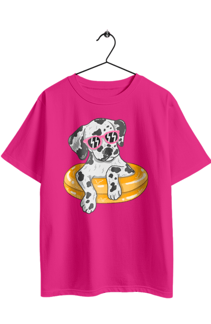Футболка оверсайз з принтом "Далматинець Плаває У Колі". Далматинець, окуляри, плавати, собака. 2070702