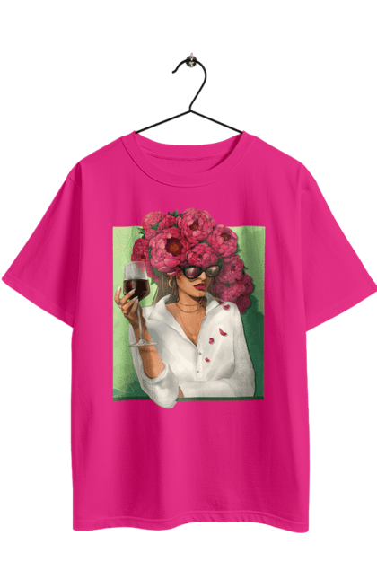 Футболка оверсайз з принтом "Дівчина з півоніями та келихом". Вино, дівчина, квітка, келих, літо, окуляри, півонії, сорочка. 2070702