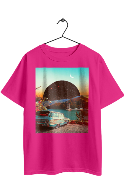 Футболка оверсайз з принтом "Картина, машина біля річки". Картина, машина, планета, прикол, ретро, річка. 2070702