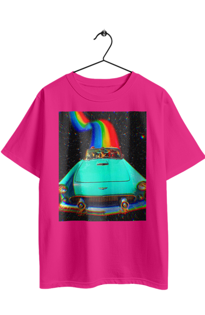 Футболка оверсайз з принтом "Картина, машина у космосі". Веселка, картина, космос, машина, подорожі, поїздка, прикол, ретро. 2070702