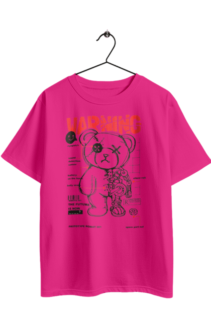 Футболка оверсайз с принтом Робот мишка. Внимание, детали, игрушка, медведь, мишка, предупреждение, робот. 2070702