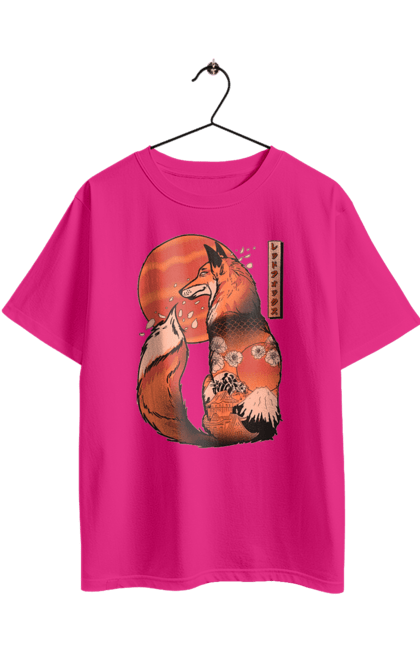 Oversized t-shirt with prints Kitsune. Animal, cherry blossoms, flowers, fox, great wave, japan, japanese, kitsune, mount fuji, red fox. 2070702