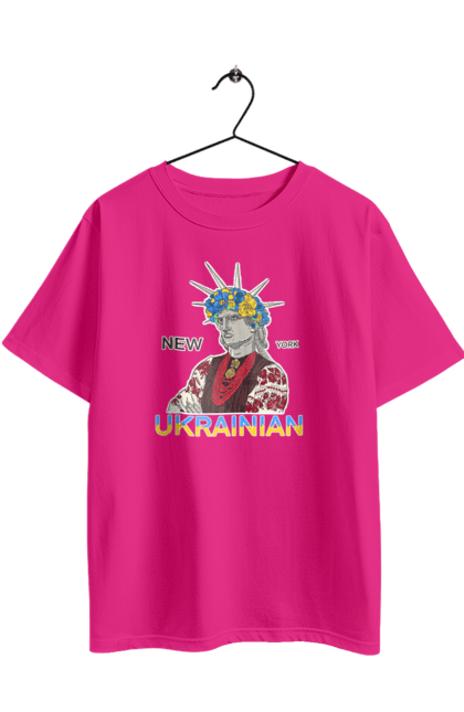 Футболка оверсайз з принтом "UA & NY". Вишиванка, вінок, нью йорк, статуя свободи, україна. 2070702