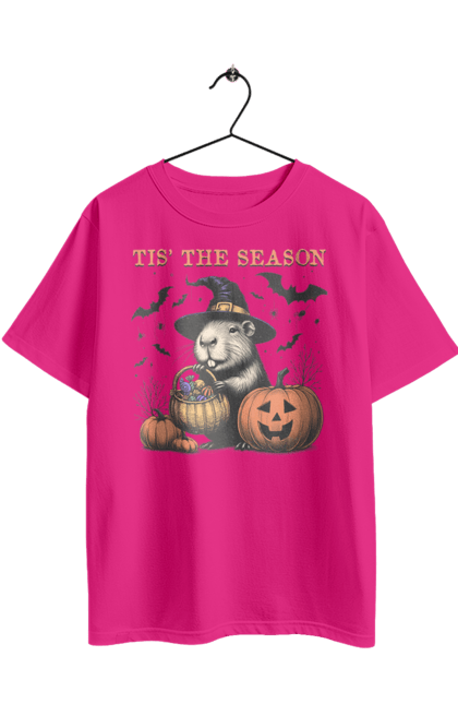 Футболка оверсайз з принтом "Капібара Хелловін". Capybara, halloween, відьма, водосвинка, гарбуз, гризун, капібара, свято, тварина, хелловін. 2070702