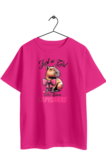Футболка оверсайз з принтом "Капібара". Capybara, бант, водосвинка, гризун, капібара, рожевий, тварина. 2070702