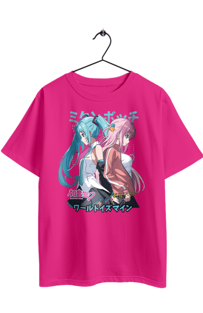 Oversized t-shirt with prints Hatsune Miku and Hitori Gotou. Anime, bocchi the rock, hatsune miku, hitori goto, hitori gotou, lonely rocker, miku, rocker, vocaloid. 2070702