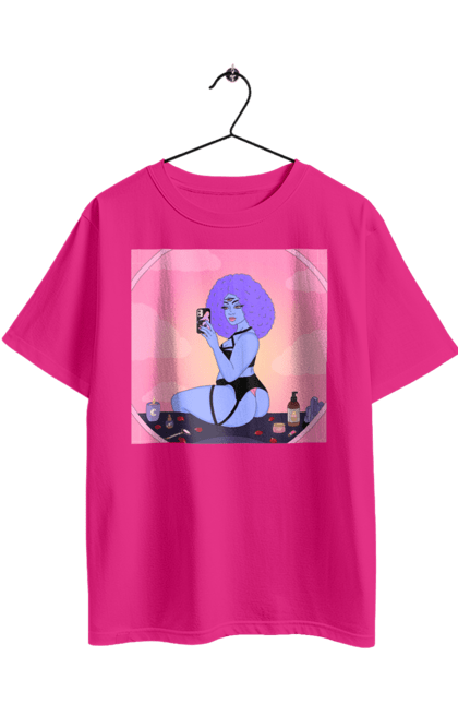 Футболка оверсайз з принтом "Фіолетова Дівчина Фото У Дзеркалі". Білизна, дзеркало, фото. 2070702