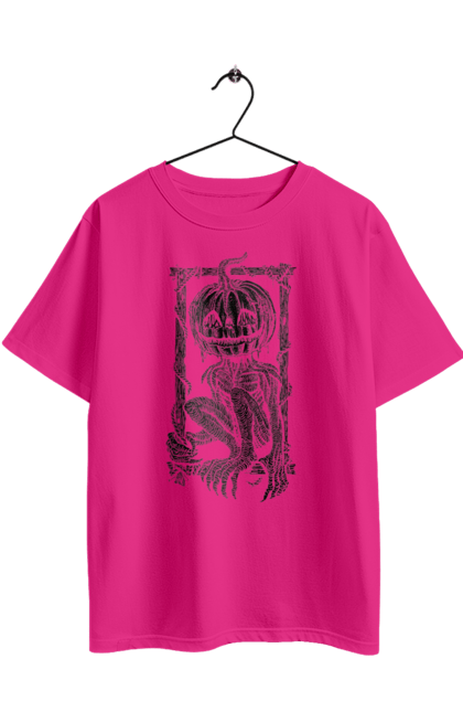 Футболка оверсайз з принтом "Опудало". Гарбуз, гелловін, жахіття, кігті, опудало, осінь, посмішка, рамка, скелет, хелловін. 2070702