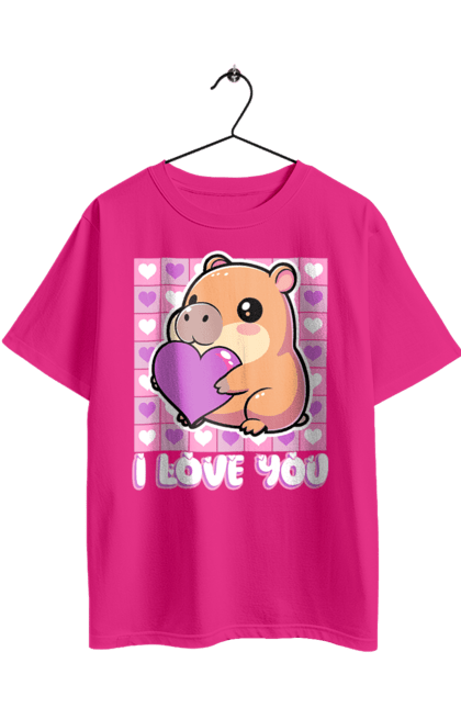 Футболка оверсайз з принтом "Закохана капібара". I love you, валентинка, день святого валентина, капибара, кохання, милі тварини, пара капібар, романтика, романтичний подарунок, серця. 2070702
