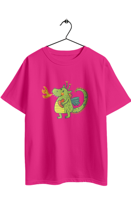 Футболка оверсайз з принтом "Закоханий дракон". Вогонь, дракон, зелений дракон, любов, новий рік, серце, символ 2024. 2070702