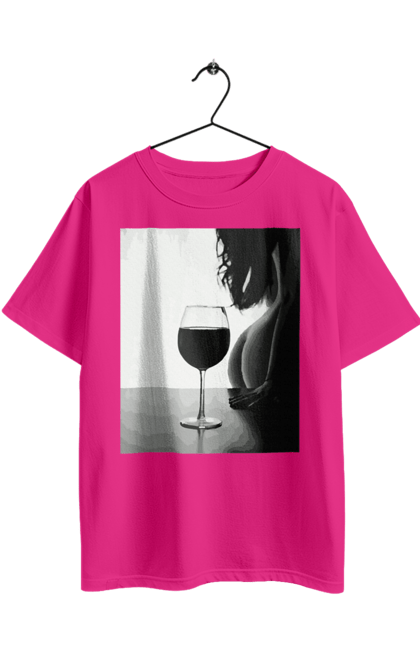 Футболка оверсайз с принтом Бокал вина. Вино в бокале, грация, ожидание, снова пятница, тело женщины, формы женского тела. 2070702