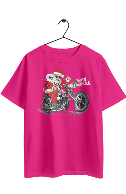Футболка оверсайз з принтом "Санта в окулярах на мотоциклі". Байкер, дід мороз, зима, мотоцикл, новий рік, різдво, санта, санта клаус, сніг, щасливого різдва. 2070702
