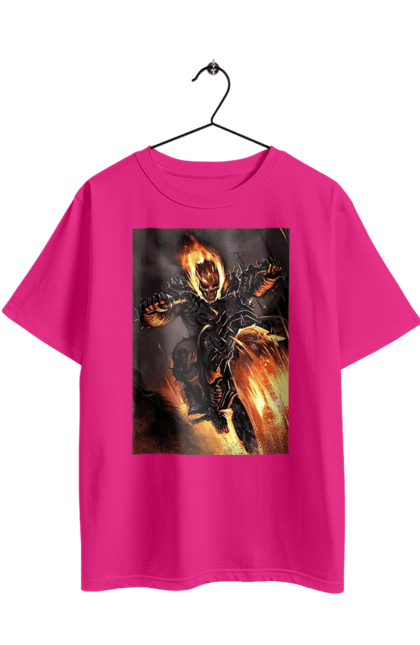 Футболка оверсайз з принтом "Пекельний Гонщик". Вогонь, мотоцикл, пекельний гонщик, скелет, чоппер. 2070702