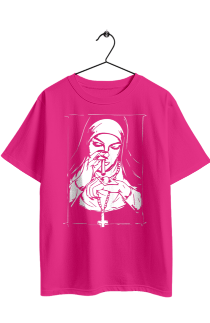 Футболка оверсайз з принтом "Монашка нюхає порошок". Крута, метал, модна, молодіжна, популярна, рок, хрест, черниця, черниця нюхає порошок. 2070702