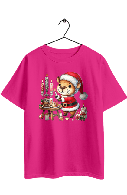 Футболка оверсайз з принтом "Капібара та різдвяна вечеря". Капібара, новий рік, новорічний подарунок, подарунок, різдво, різдвяна вечеря, різдвяна капібара, санта, свято, тварина. 2070702