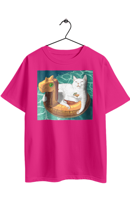 Футболка оверсайз з принтом "Білий кіт у плавальному колі, на відпочинку". Басейн, відпочинок, кіт, коктейль, море, плавальний круг. 2070702