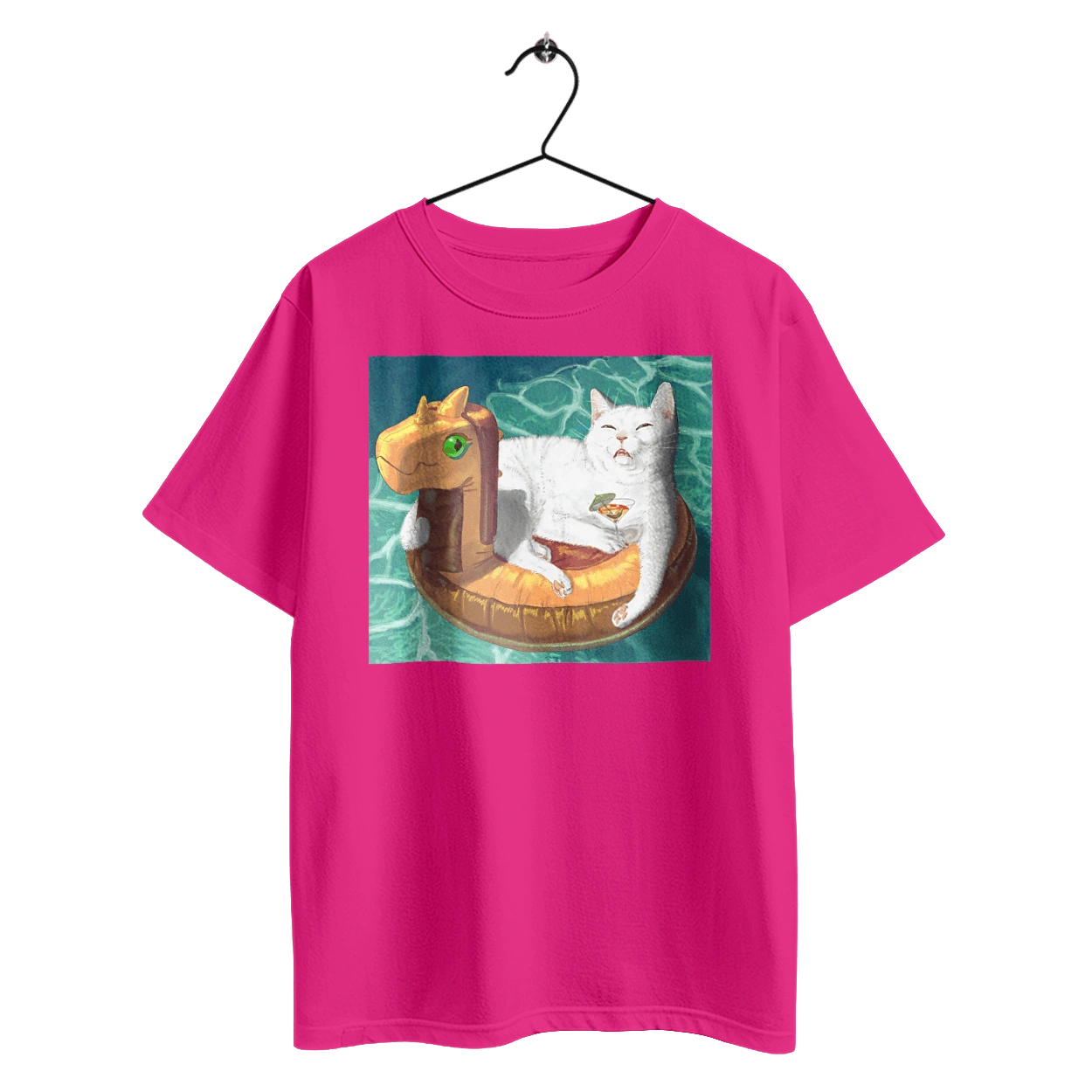 White cat in a swimming circle on vacation