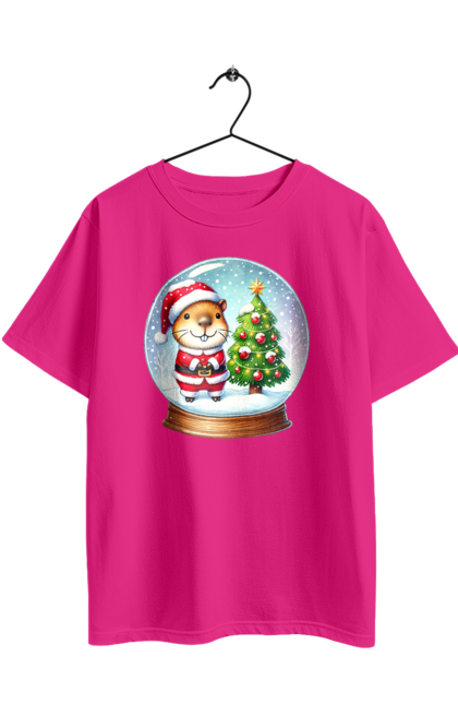 Футболка оверсайз з принтом "Різдвяна капібара з ялинкою". Капібара, новий рік, новорічний подарунок, подарунок, різдво, різдвяна капібара, санта, свято, тварина, ялинка. 2070702