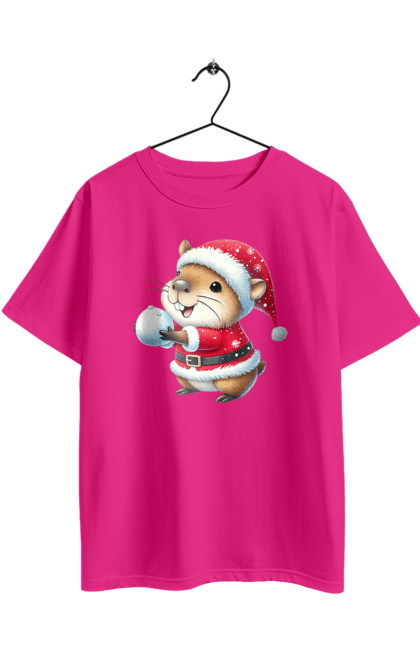 Футболка оверсайз з принтом "Капібара грає у сніжки". Гра, капібара, новий рік, подарунок, різдво, різдвяна капібара, санта, свято, сніжки, тварина. 2070702
