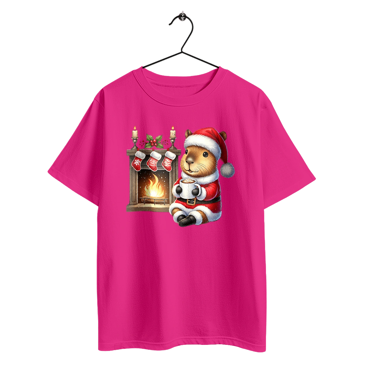 Capybara by the fireplace with hot chocolate