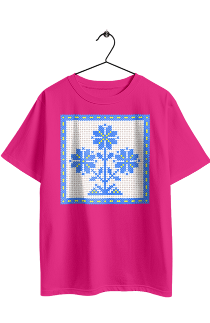 Футболка оверсайз з принтом "Жовто блакитна вишивка квіти". Вишивка, вишивка хрестиком, квіти, символ україни, традиції україни, україна. 2070702