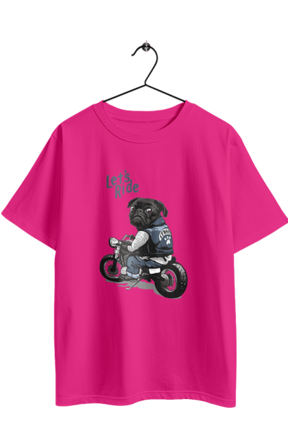 Футболка оверсайз з принтом "Мопс на мотоциклі". Байкер, мопс, мотоцикл, собака, тварини. 2070702
