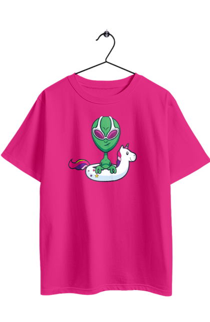 Oversized t-shirt with prints Alien Floats In A Circle. Alien, inflatable circle, to swim. 2070702