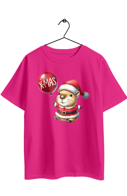 Футболка оверсайз з принтом "Різдвяна капібара". Актуальне, капібара, новий рік, новорічний подарунок, повітряна куля, подарунок, різдво, різдвяна капібара, санта, свято, тварина. 2070702