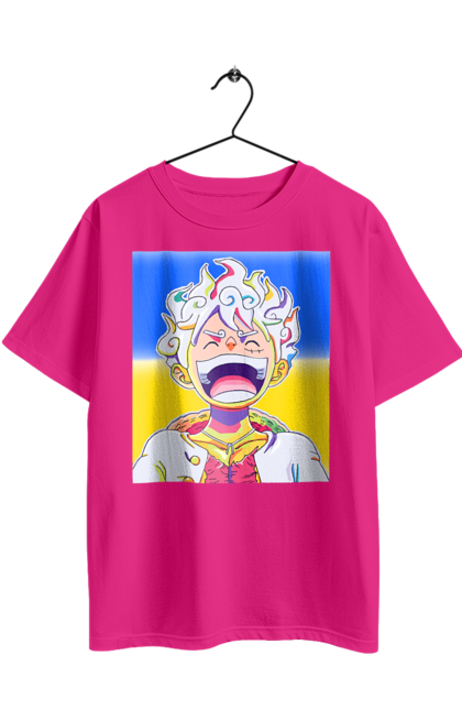 Футболка оверсайз з принтом "Монкі д Луффі сміється на жовто блактному фоні". Ван піс, луффі, монкі д. луффі, прапор україни, символ україни, україна. 2070702