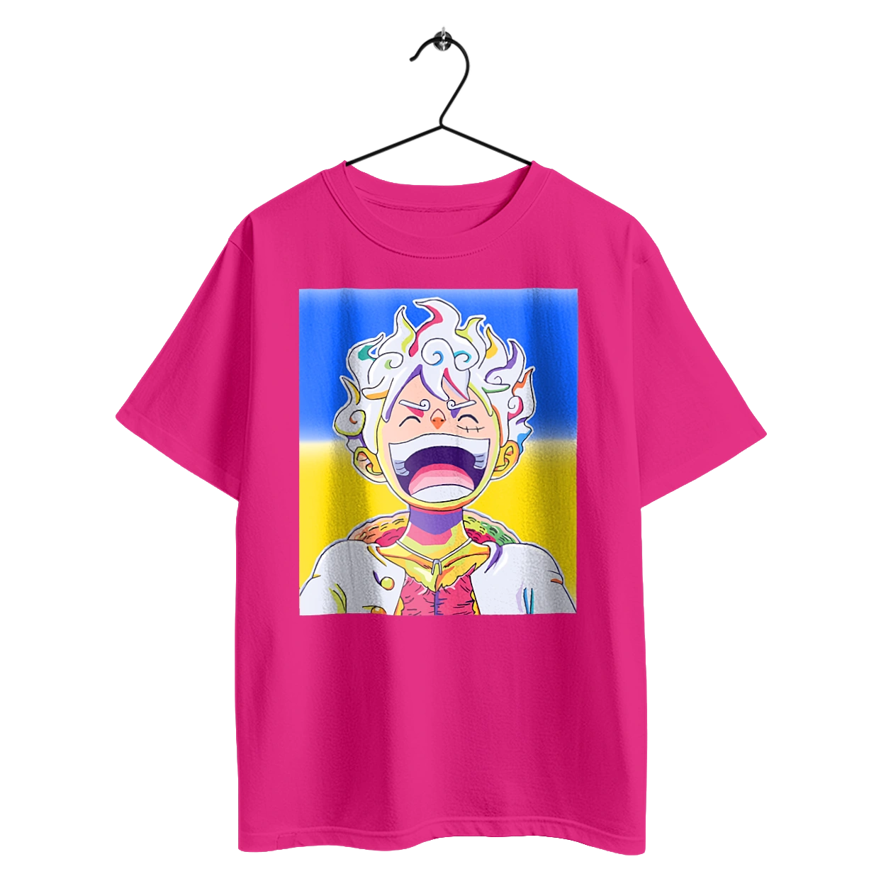 Monkey D Luffy laughing on a yellow blue background