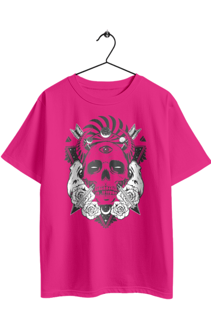 Футболка оверсайз з принтом "Череп з оком". Зірки, зуби, кістки, місяць, око, роги, стріла, трикутник, троянди, череп. 2070702