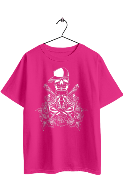 Oversized t-shirt with prints Skeleton with pistols. Black and white, bones, cap, gun, roses, scull, skeleton, teeth. 2070702