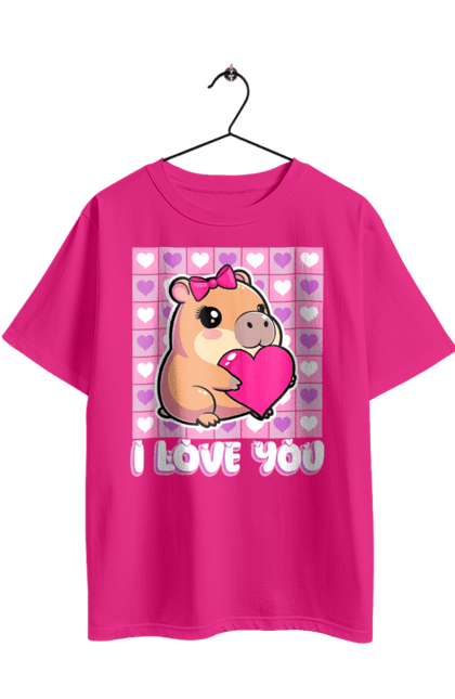 Футболка оверсайз з принтом "Закохана капібара". I love you, валентинка, день святого валентина, капибара, кохання, милі тварини, пара капібар, романтика, романтичний подарунок, серця. 2070702