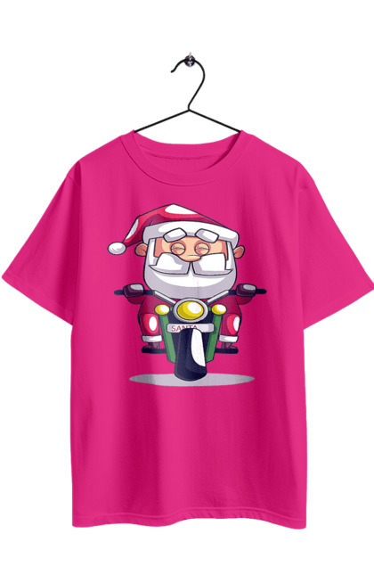 Футболка оверсайз з принтом "Щасливий Санта на мотоциклі". 2022, дід мороз, зима, мотоцикл, новий рік, різдво, санта, сніг. 2070702