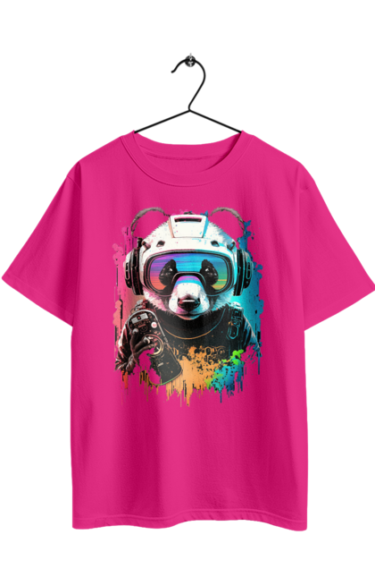 Oversized t-shirt with prints Panda in VR Helmet. Character, geek, helmet, panda, virtual reality. 2070702