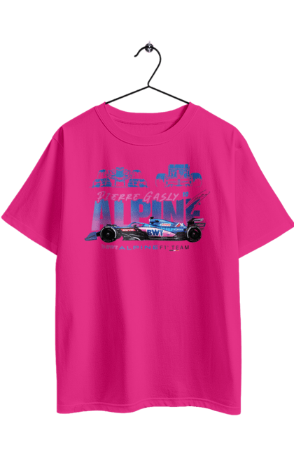 Футболка оверсайз с принтом Alpine F1 Team. Alpine, alpine f1 team, bwt, авто, автомобиль, автоспорт, гонки, гоночный автомобиль, машина, спорт. 2070702