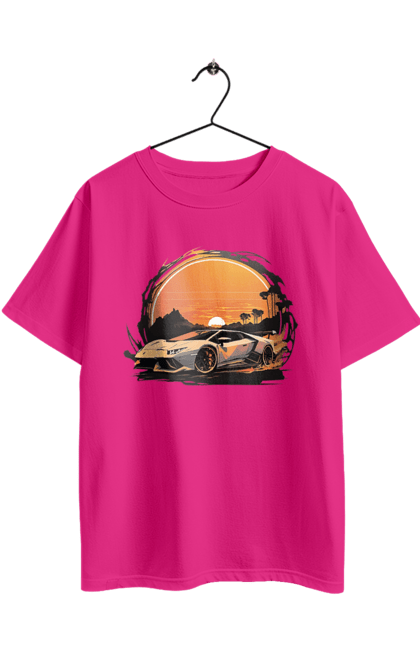 Футболка оверсайз з принтом "Ламборджині на заході сонця". Авто, автомобіль, ламборджині, машина, машини. 2070702